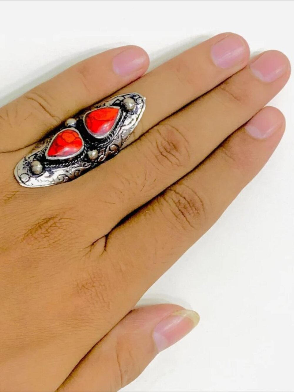Kuchi Dual Red Stone Ring: Tribal Ethnic Bohemian Jewelry